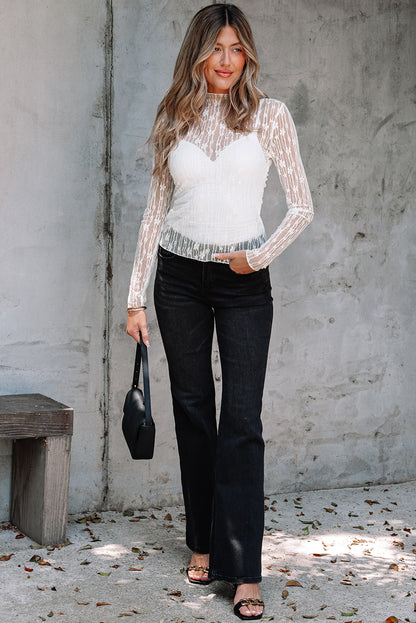 Ashleigh Blue Sheer Floral Lace Mock Neck Long Sleeve Top