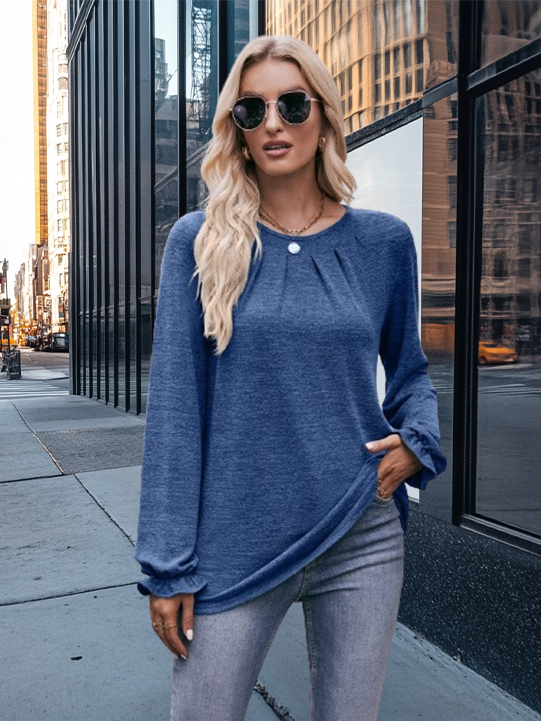 Pleated Crew Neck Long Sleeve T-Shirt with Polished Finish