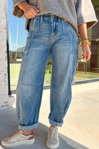 High Rise Seamed Cuffed Barrel Leg Jeans