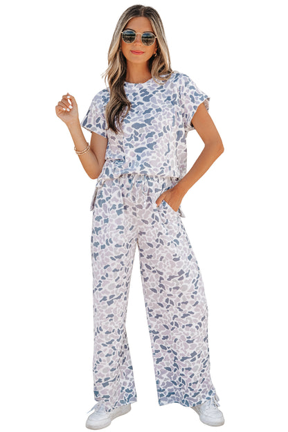 Women Camo Print Two Piece Set Casual Tee Drawstring Pants