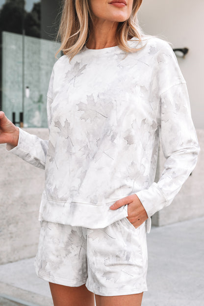 Beige Camo Print Lounge Pullover and Elastic Waist Short Set