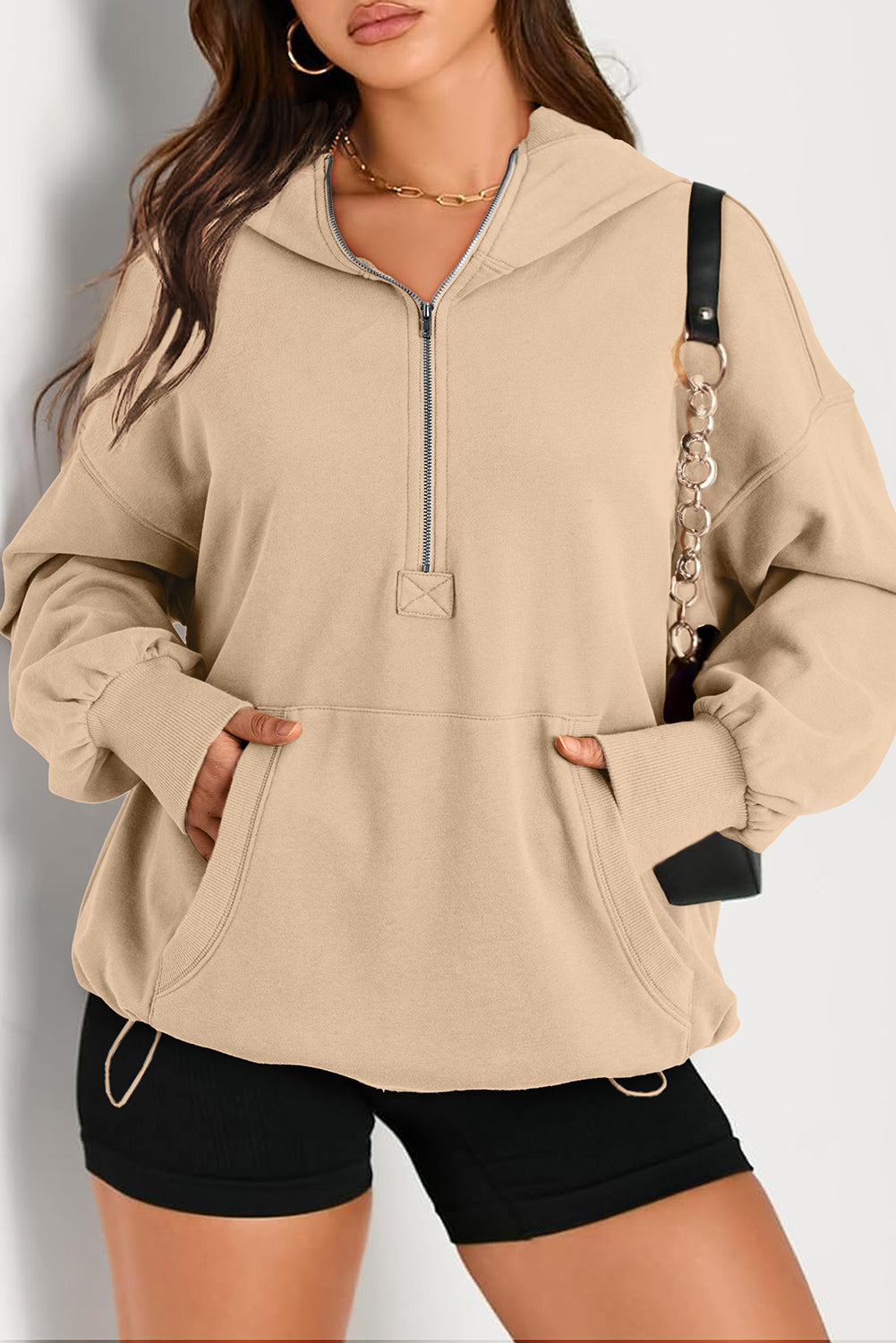 Solid Kangaroo Pocket Half Zipper Oversized Hoodie