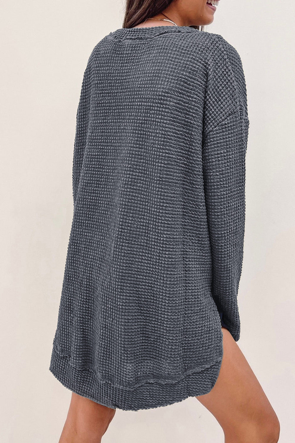 Black Waffle Knit Oversized Top with Side Slits