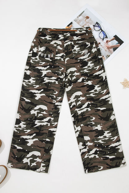 Green Camouflage Distressed Loose Fit Denim Pants