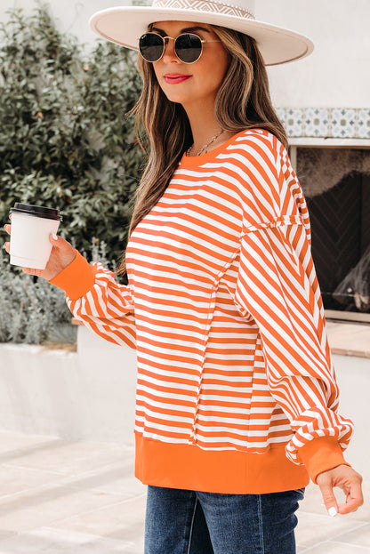 Red Stripe Oversized Pullover Exposed Seam Long Sleeve Top