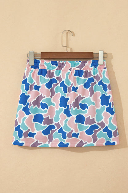 Khaki Western Camo Print Drawstring Mini Skort with Pockets