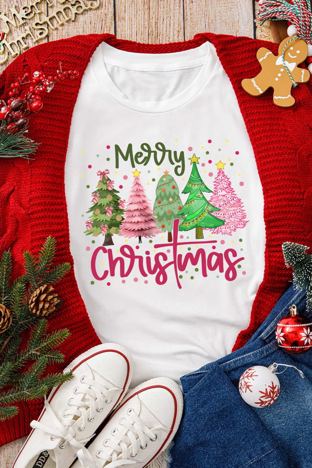 White Merry Christmas Trees Graphic Holiday Crewneck T Shirt
