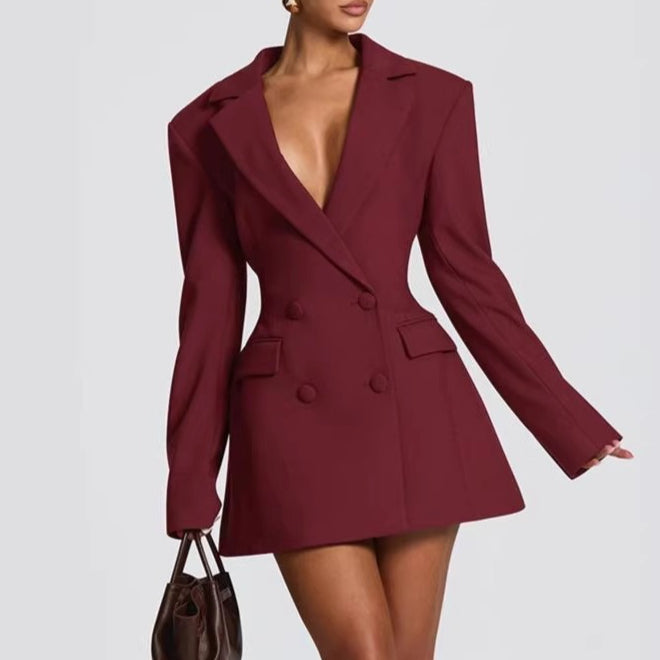 Women Deep V Neck Blazer Dress Double Breasted Office Chic