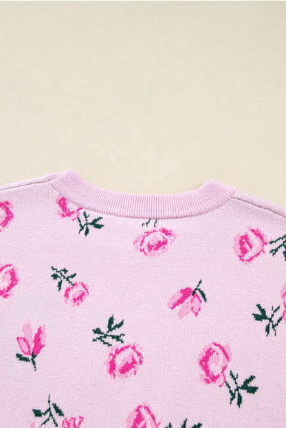 Sweet Floral Print Drop Shoulder Cropped Knit Sweater