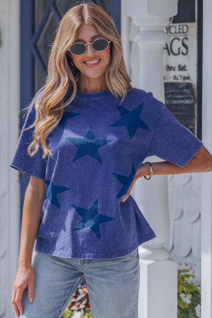 Blue Star Print Mineral Wash Flag Day Independence Tee