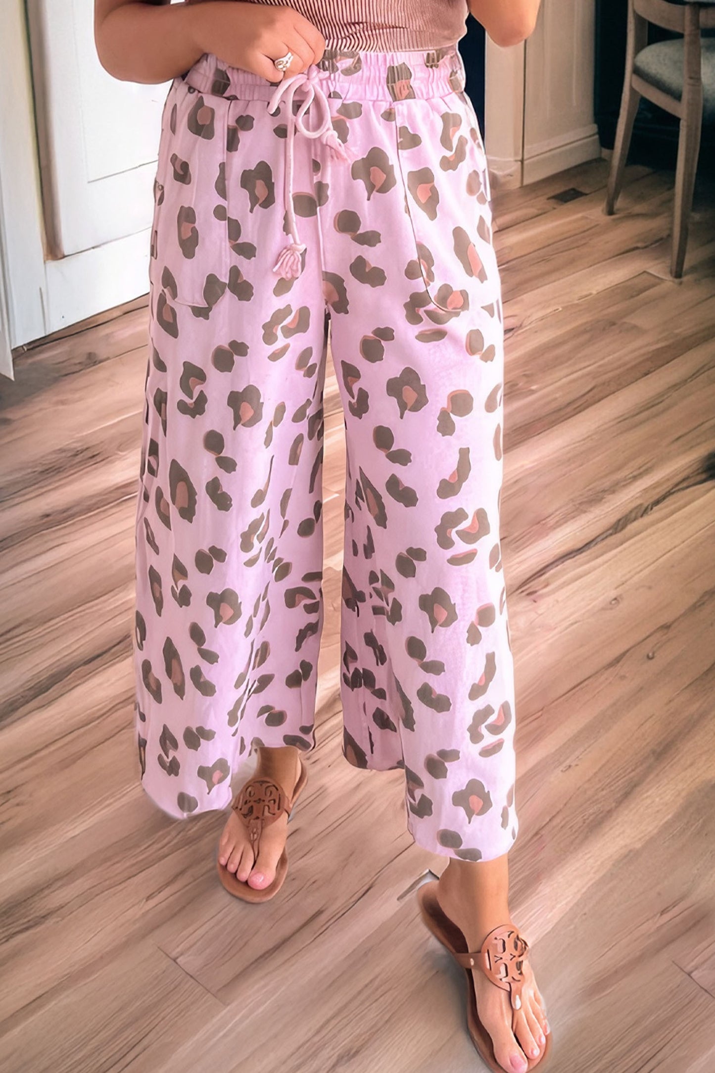 Leopard Print Wide Leg Drawstring Pants with Pockets