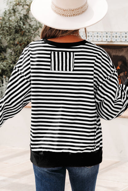 Red Stripe Oversized Pullover Exposed Seam Long Sleeve Top
