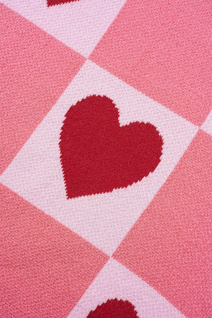 Pink Heart Checker Valentine Mock Neck Lantern Sleeve Sweater
