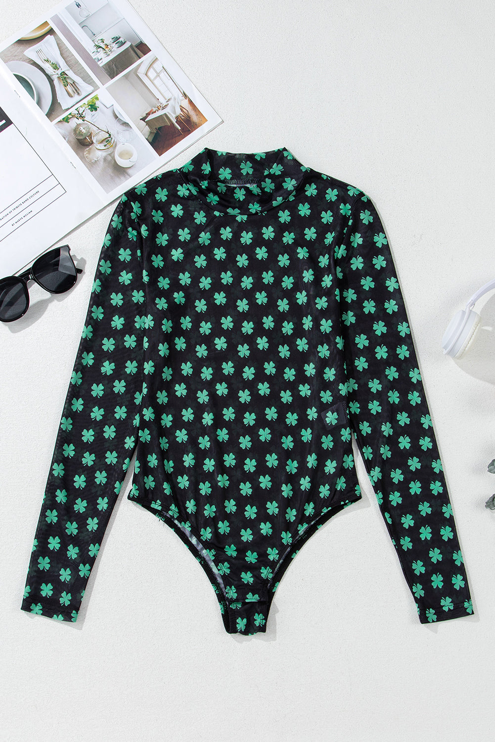 St. Patrick’s Day Shamrock Print Mesh Long Sleeve Bodysuit