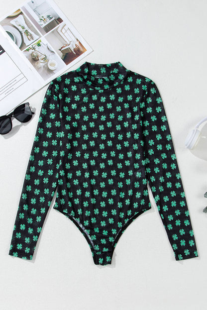 St. Patrick’s Day Shamrock Print Mesh Long Sleeve Bodysuit