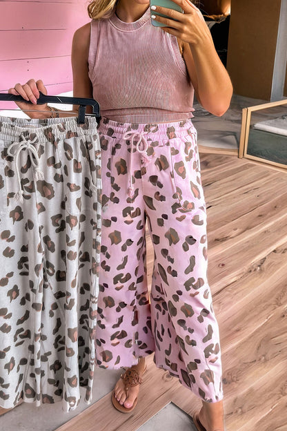 Leopard Print Wide Leg Drawstring Pants with Pockets