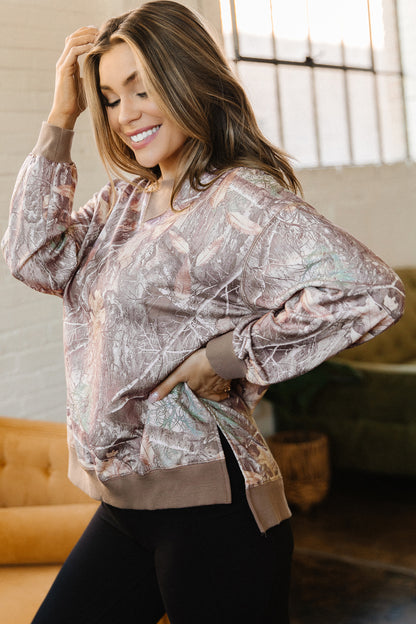 Camo Print Oversized Sweatshirt Colorblock Trim Pullover