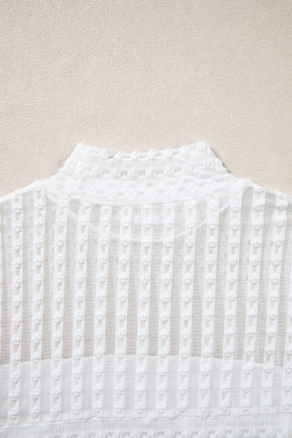 Beige Textured Sheer Lace High Neck Long Sleeve Top