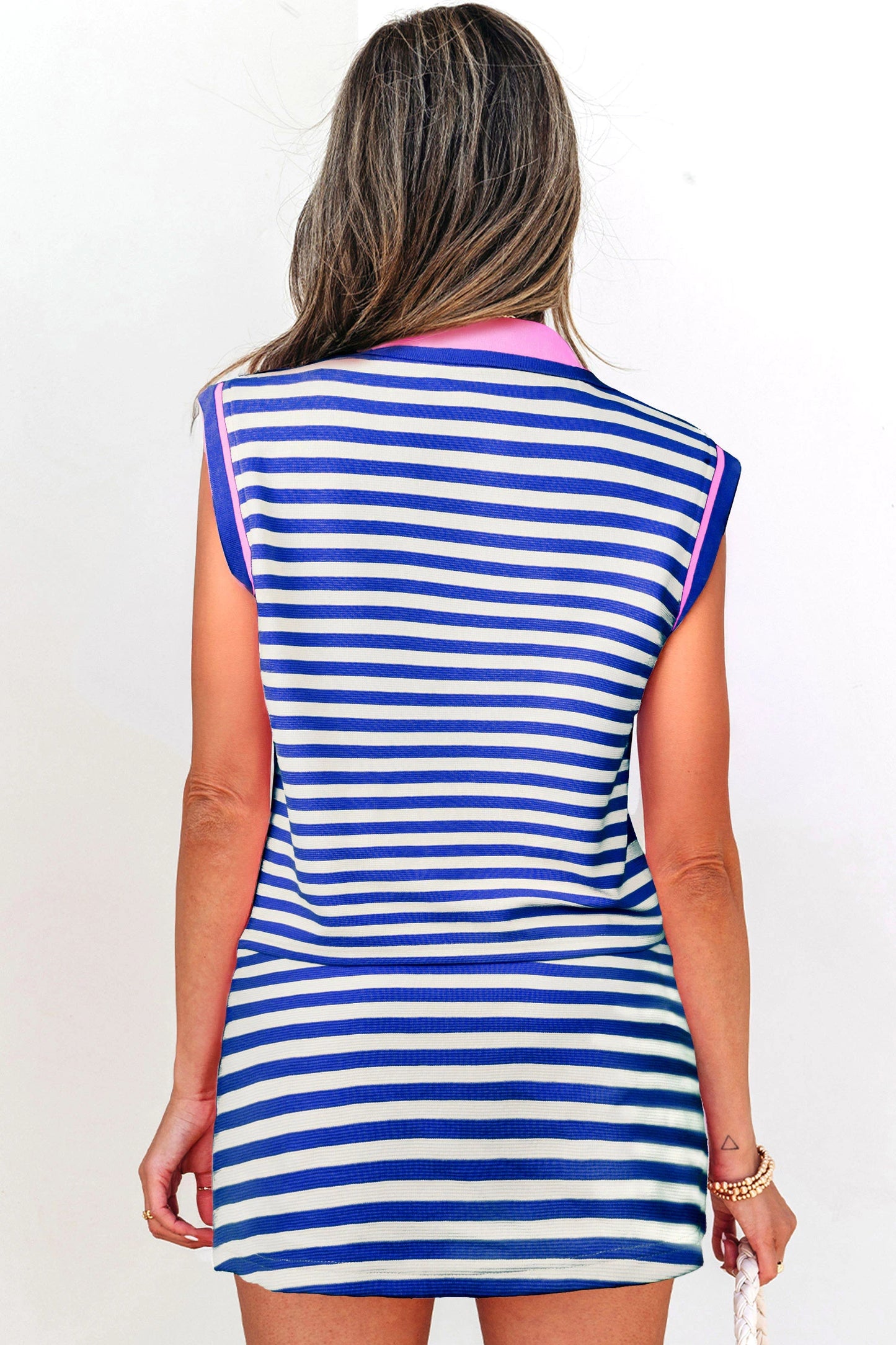 Striped Zip Collar Sleeveless Skort Set Casual Outfit
