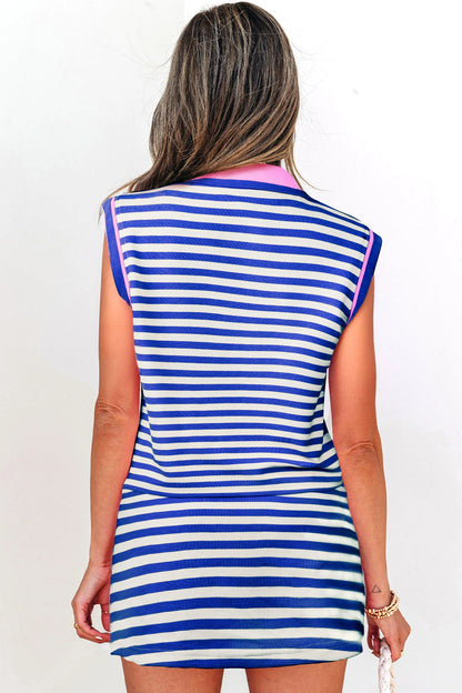 Striped Zip Collar Sleeveless Skort Set Casual Outfit