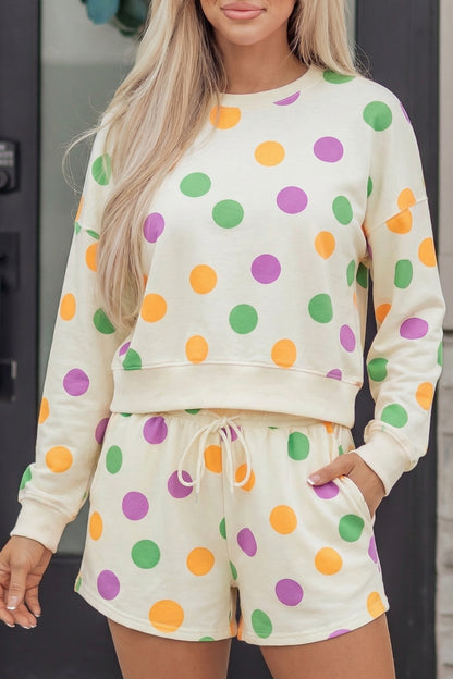 Pink Polka Dot Drop Shoulder Pullover Shorts Set