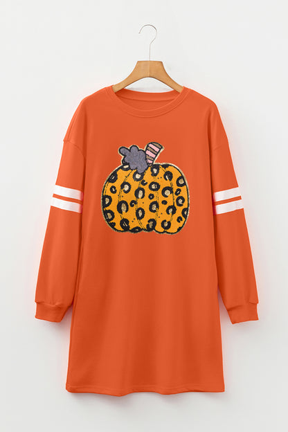 Leopard Pumpkin Graphic Varsity Stripe Sweatshirt Dress