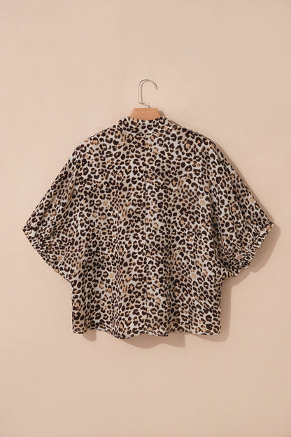 Leopard Print V Neck Contrast Trim Puff Sleeve Blouse