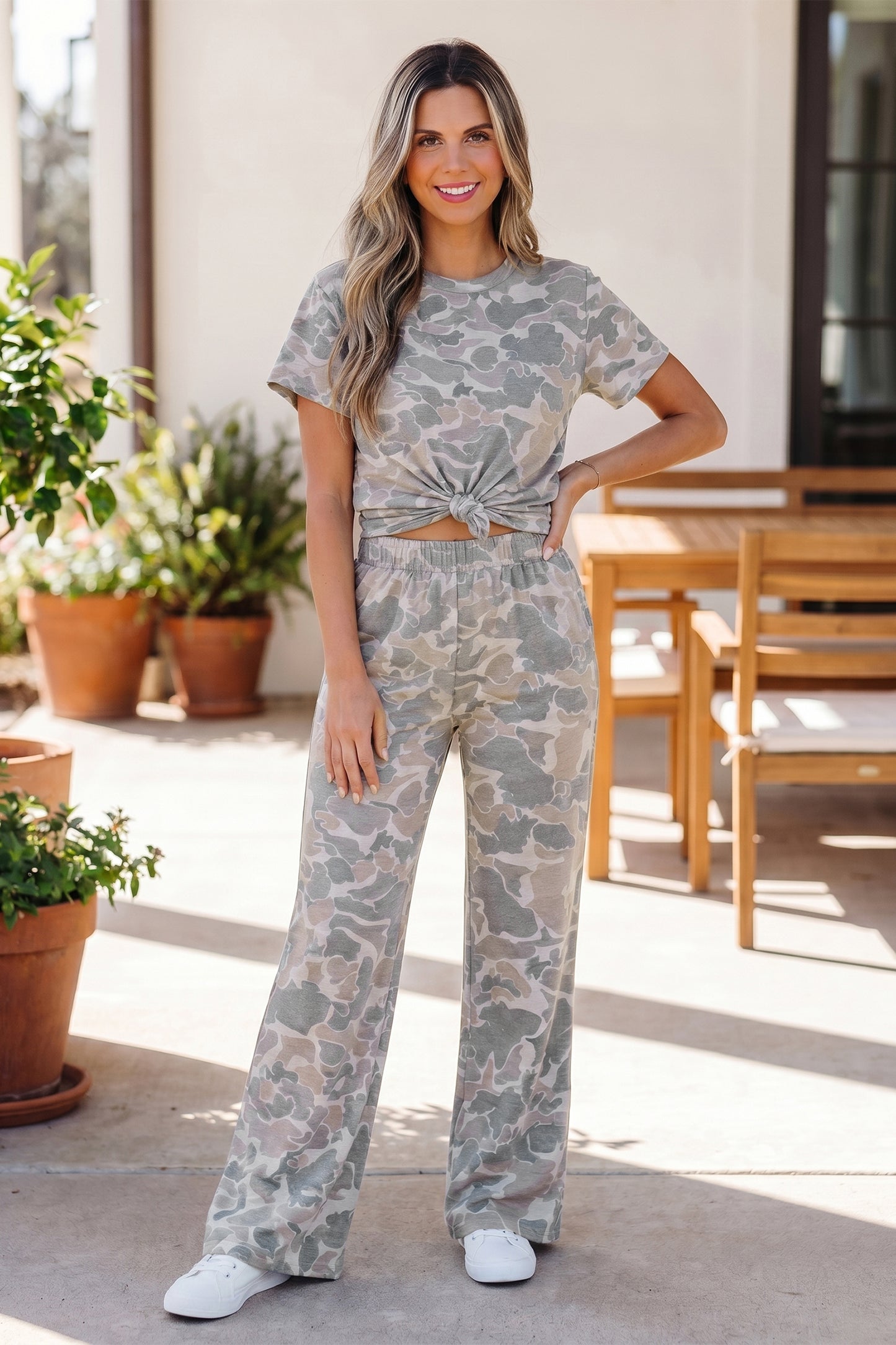 Camo Print Cotton Tee & Wide Leg Lounge Set
