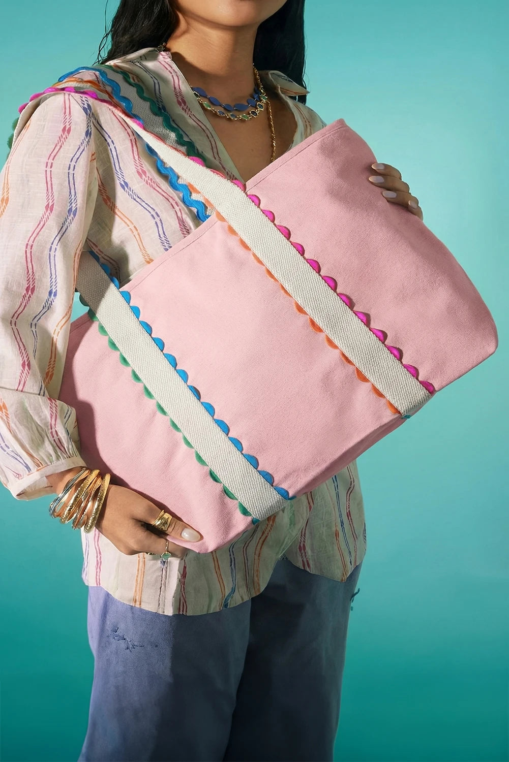 Ricrac Trim Canvas Tote Bag Colorful Large Capacity
