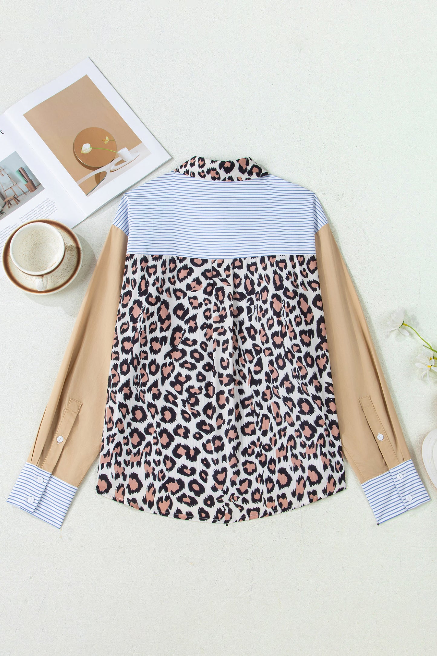 Sky Blue Striped Colorblock Leopard Patchwork Pocket Shirt