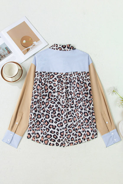 Sky Blue Striped Colorblock Leopard Patchwork Pocket Shirt
