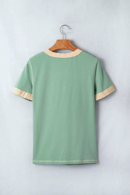 Short Sleeve Contrast Trim Button Henley Tee