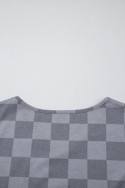 Beige Checkered Lounge Set V Neck Tee Shorts