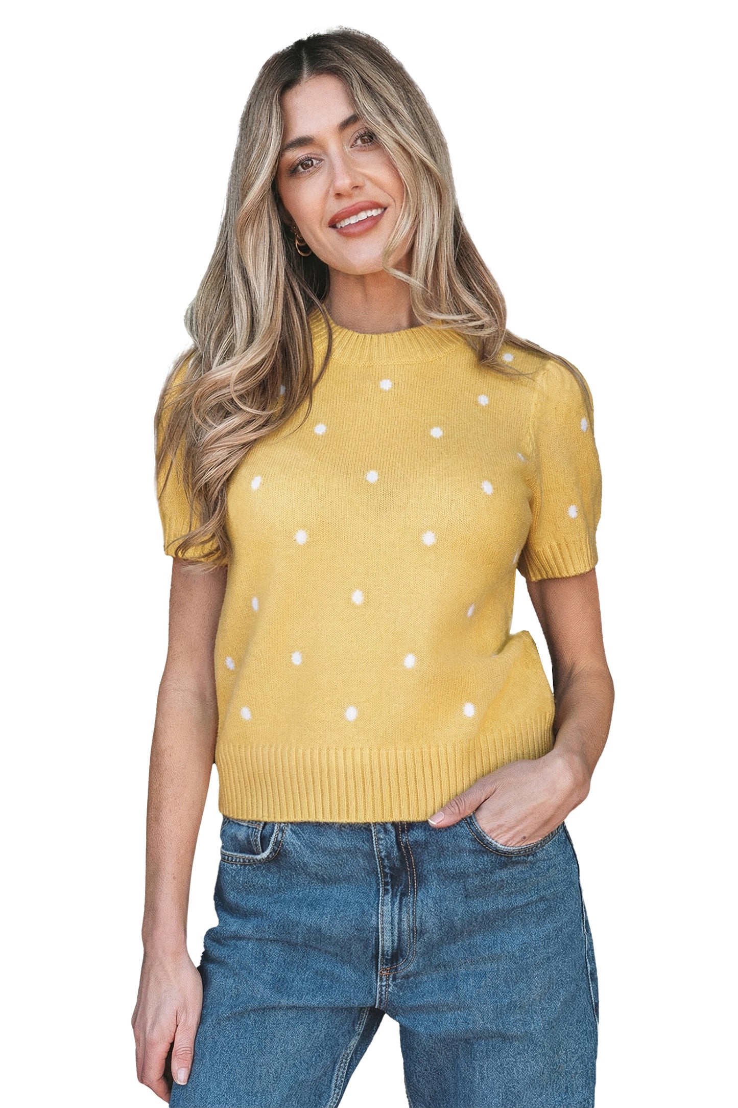Chestnut Elegant Polka Dot Bubble Short Sleeve Sweater