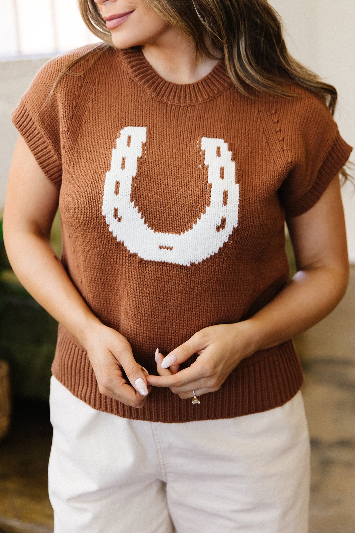 Western Horseshoe Knit Sweater Tee Short Sleeve Pullover