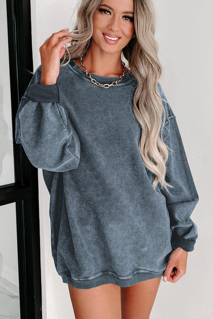 Customizable Solid Ribbed Knit Round Neck Casual PulloverSweatshirt