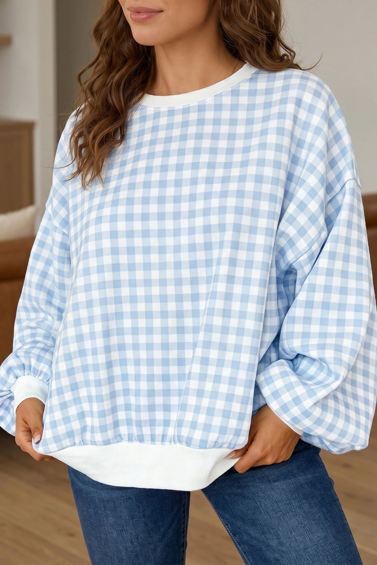 Gingham Plaid Sweatshirt Oversized Puff Sleeve Pullover