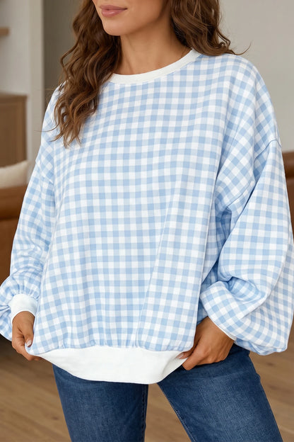 Gingham Plaid Sweatshirt Oversized Puff Sleeve Pullover
