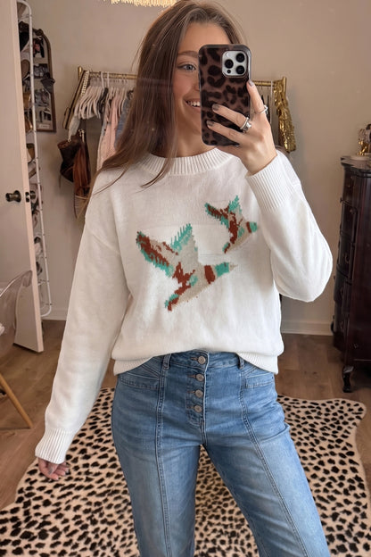 White Bird Pattern Drop Shoulder Knit Pullover Sweater