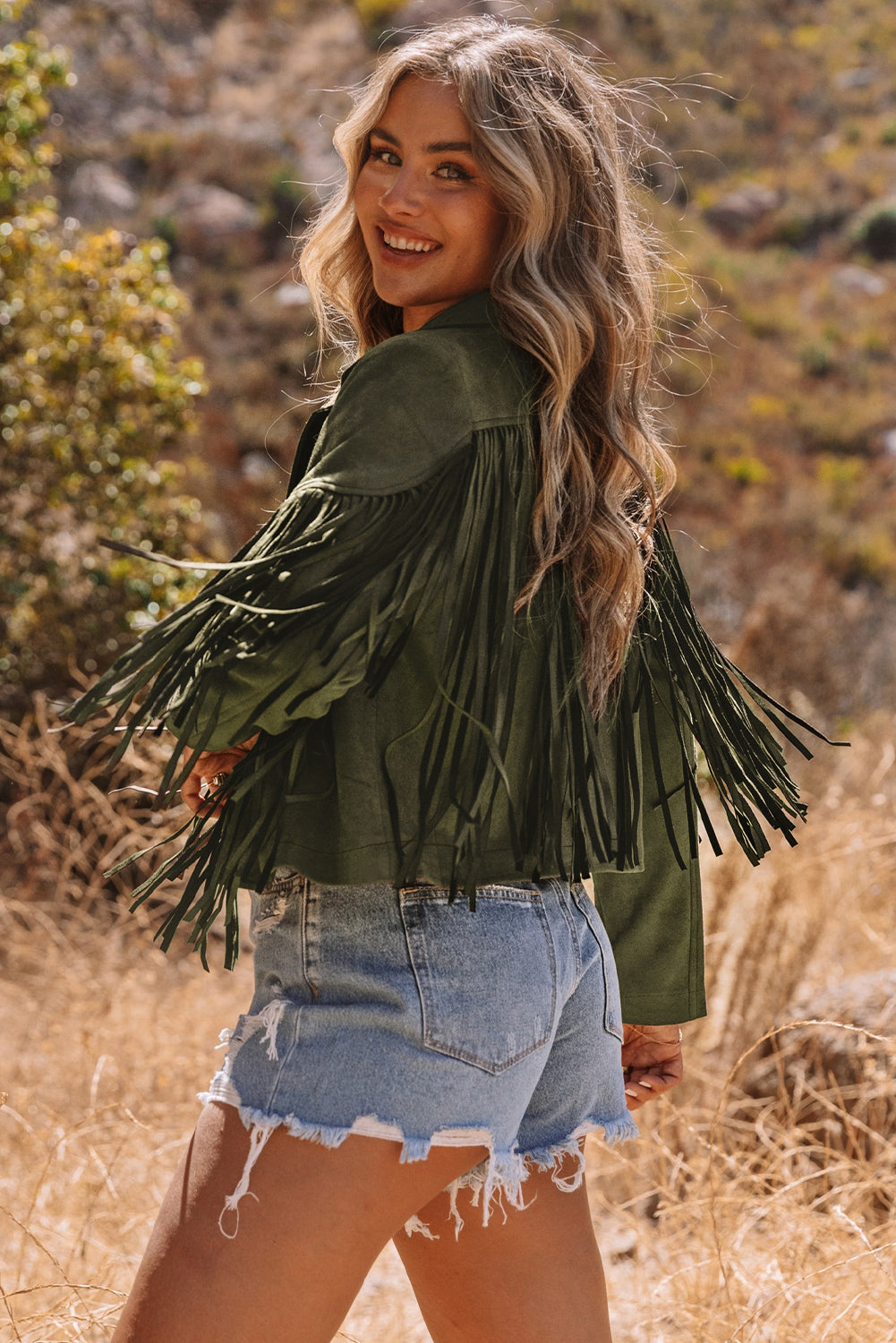 Women Fringe Faux Suede Cropped Jacket Western Style