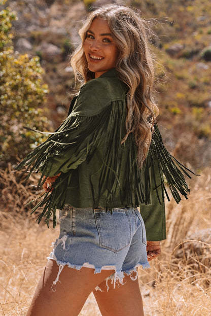 Women Fringe Faux Suede Cropped Jacket Western Style