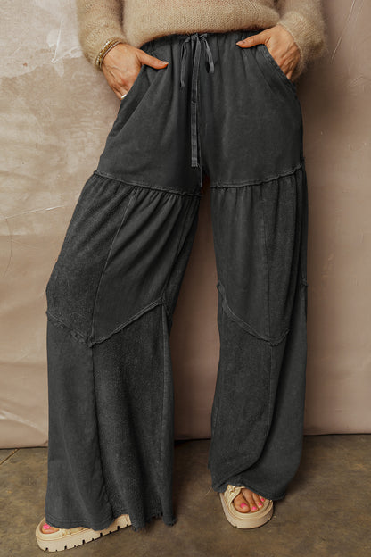 Women's Black Mineral Wash Wide Leg Patchwork Pants