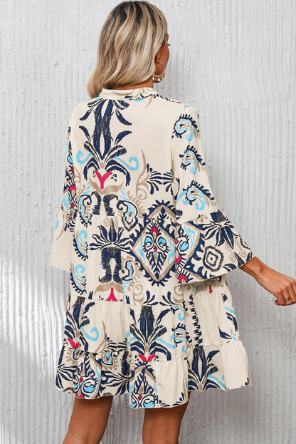 Boho Print Tiered Button Front Bell Sleeve Mini Dress