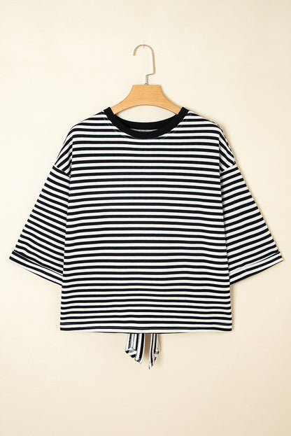 Red Stripe Bow Cutout Back Drop Shoulder Loose Tee
