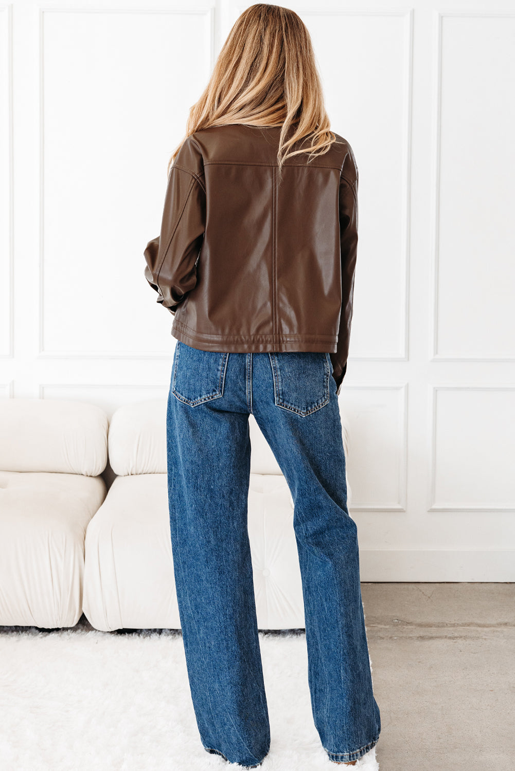 Faux Leather Utility Jacket with Pockets and Drawstring Hem