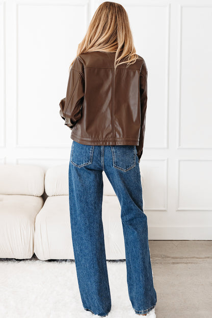 Faux Leather Utility Jacket with Pockets and Drawstring Hem