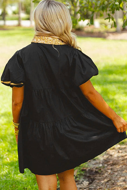 Black Easter Egg Sequin Trim Puff Sleeve Babydoll Dress