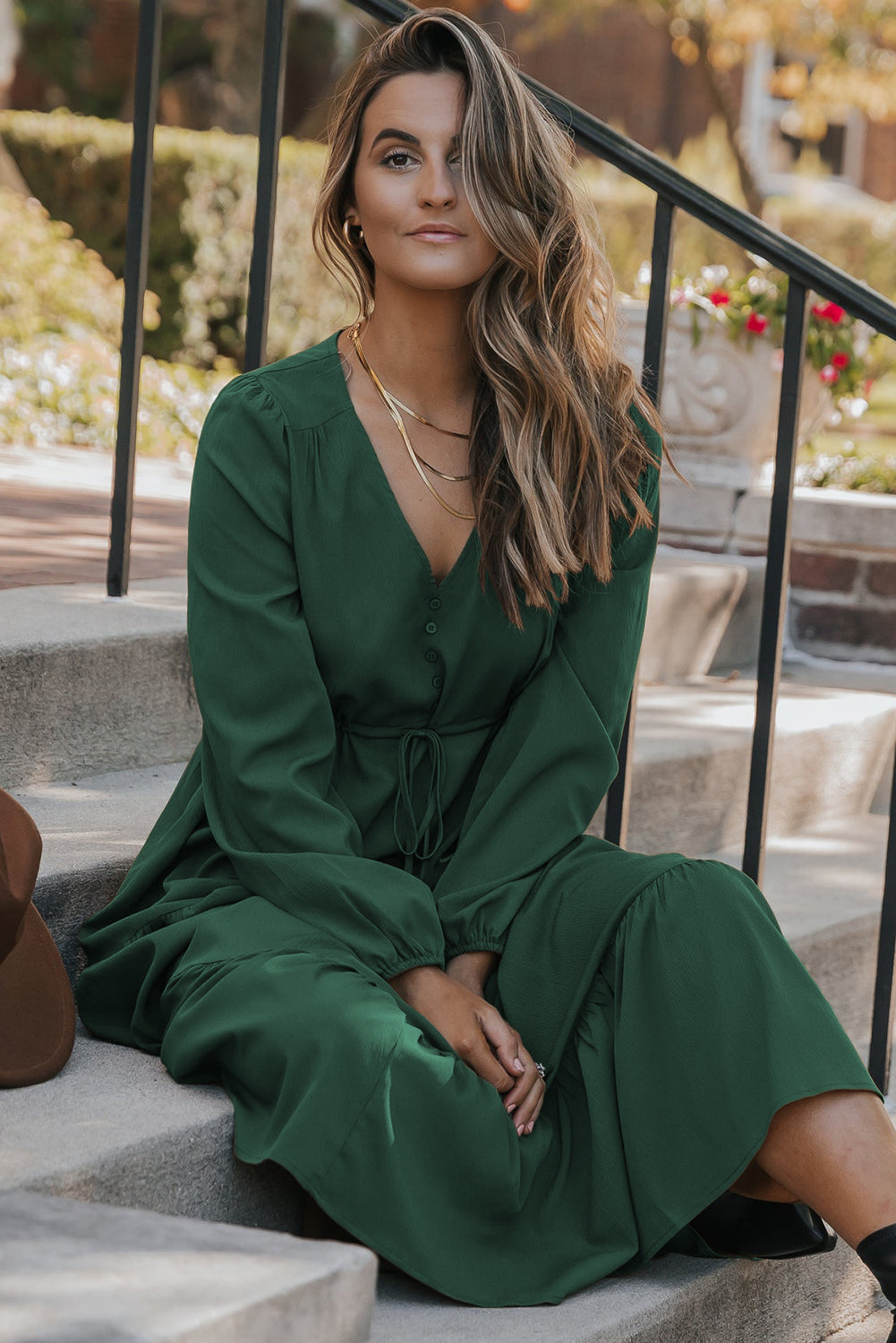 Chestnut Solid Long Sleeve Button V Neck Tiered Maxi Dress