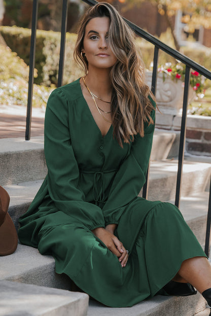 Chestnut Solid Long Sleeve Button V Neck Tiered Maxi Dress