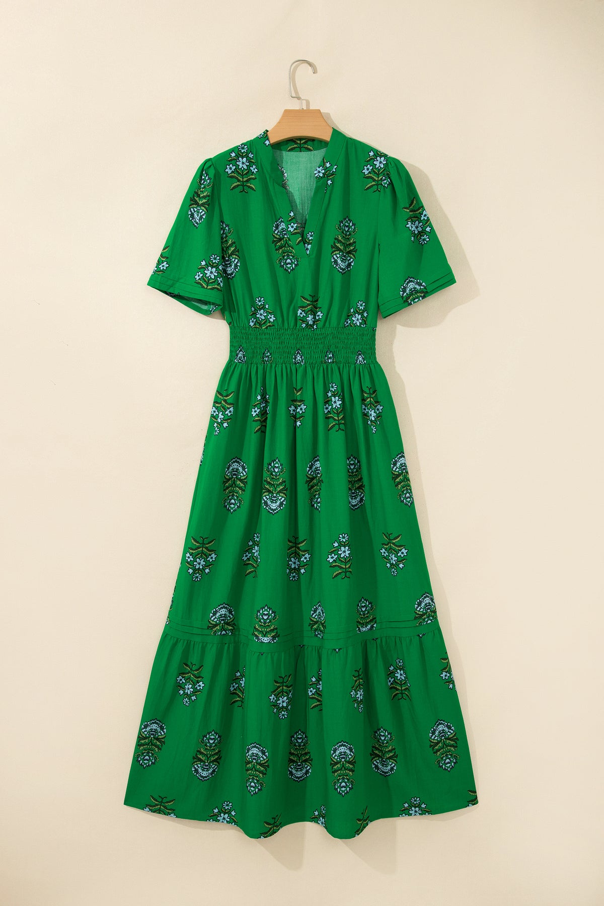 Floral Smocked Waist Maxi Dress Split Neck Boho
